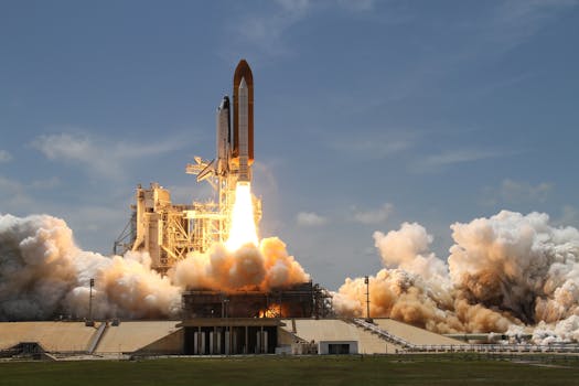 A NASA space shuttle launches with fiery liftoff, ascending into the sky amid plumes of smoke.