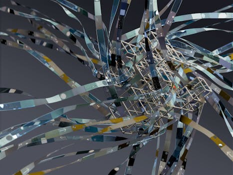 Intricate wireframe with dynamic ribbons in an abstract 3D composition.