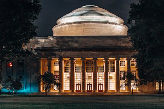 Stunning nocturnal view of the iconic MIT Great Dome in Cambridge, Massachusetts.