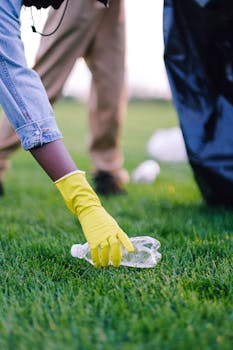 A person wearing gloves picking up a plastic bottle from grass to promote environmental cleanliness.